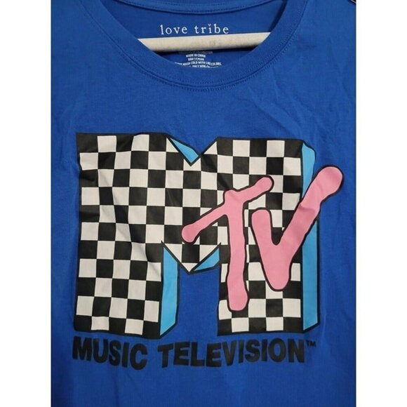 WOMEN'S MTV BLUE CHECKERED LONG SLEEVE CROP TOP SIZE MEDIUM - PERFECT CONDITION - Picture 7 of 7